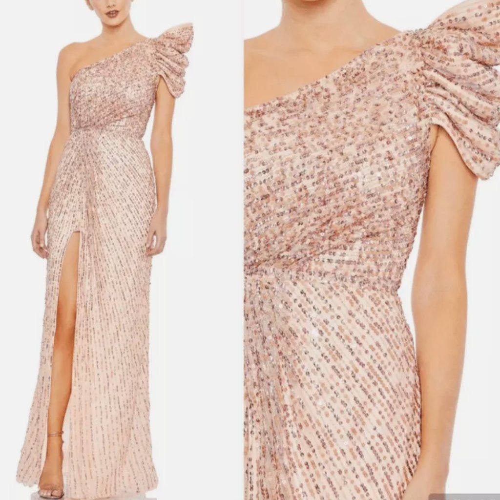 Mac Duggal 5622 Embellished Puff One Shoulder Apricot Gown Sz 8